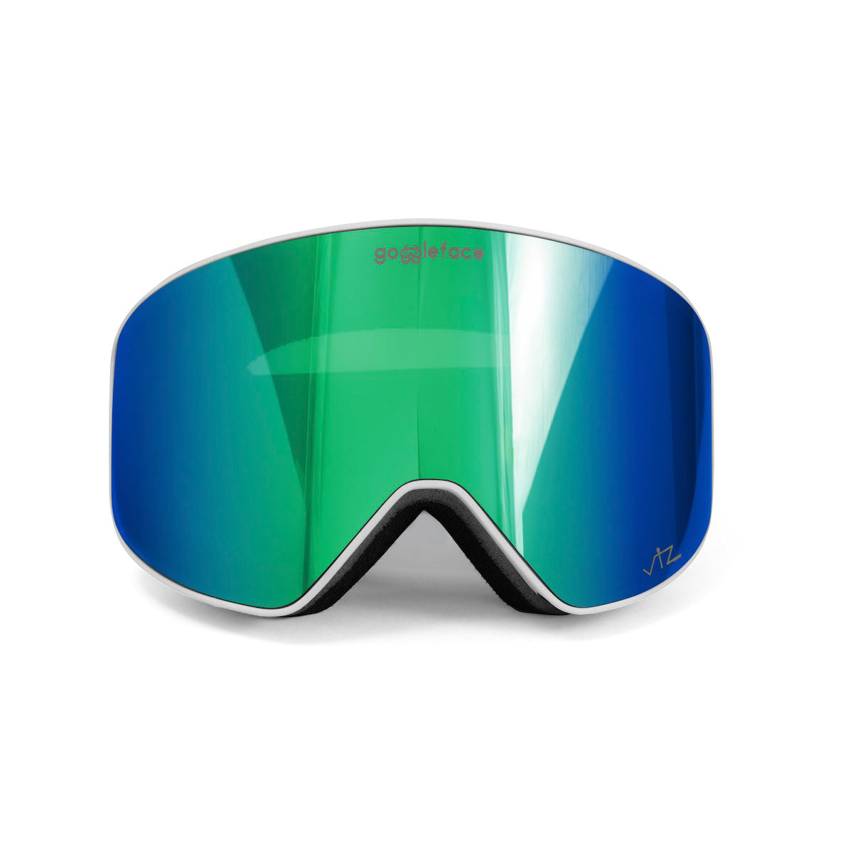 A pair of Straight Line snow goggles with white lenses from Goggleface, featuring a reflective surface and a robust black frame. The brand name "Goggleface" is subtly visible on the top edge of the lens.
